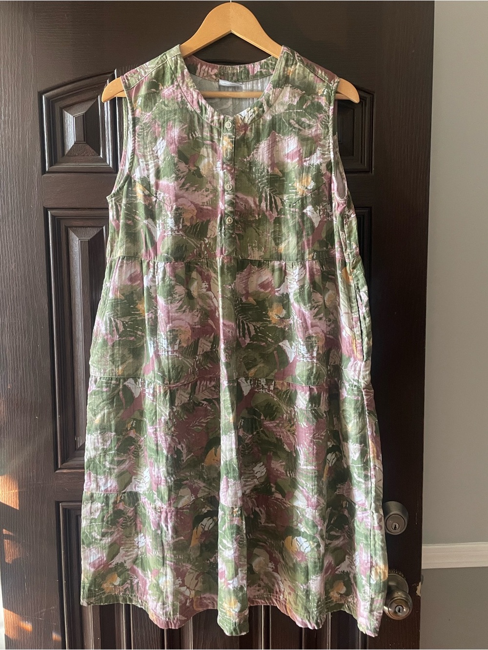 Columbia Floral Tiered Midi Dress Women’s Large Green Pink 100% Cotton Sleeveles